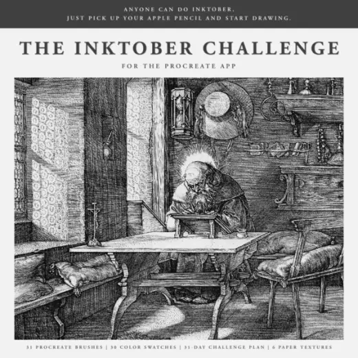 The Inktober Challenge (2024) Procreate Kit (Procreate Brushes, Color Palette, Paper Textures & 31-Day Challenge Plan) — Procreate brush