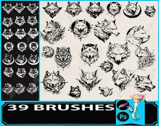 Procreate & Photoshop 39 Types Hand-Drawn Wolf・Tattoo Brush Set - Wolf Head・Animal Line Art — Procreate brush
