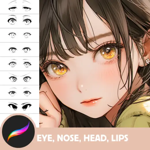 FREE 170 Procreate Anime Eyes, Nose, Mouth, Lips, Face, Head Stamps - Essential Pack for beginners and intermediate arti — Procreate brush