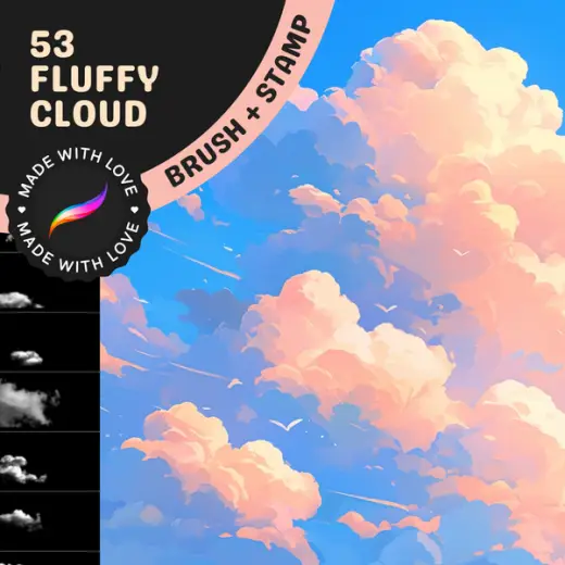 Procreate Stamps and Brushes: Fluffy Cloud Wonders, Soft & Dreamy Cloud Brushes for Magical Sky Scenes in Art, Realistic — Procreate brush