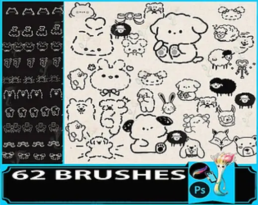 Procreate & Photoshop 62 Types Loose & Fluffy Animal Brush Set - Puppy・Kitten・Rabbit・Planner Deco — Procreate brush