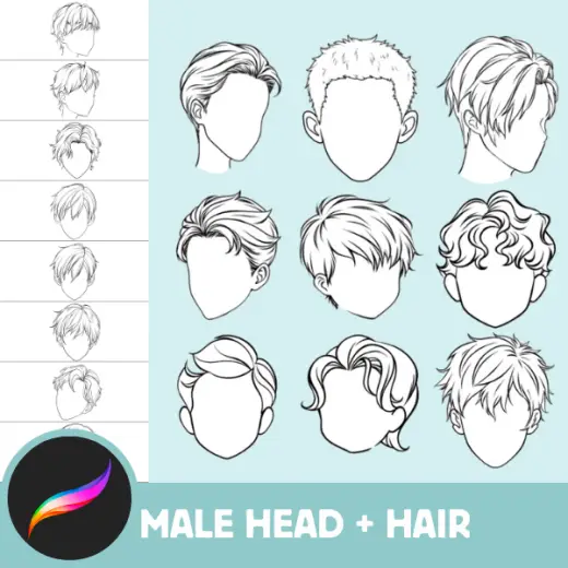 Dynamic Male Portrait & Hair Stamp Set - 50 Procreate Brushes for Anime, Manga, Realism — Procreate brush