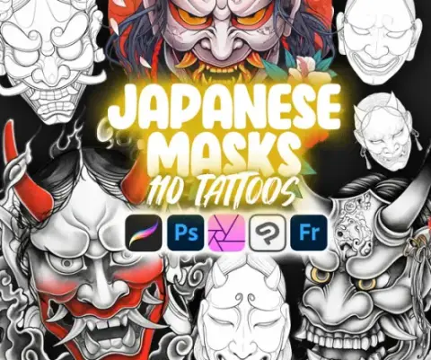 110 Procreate Japanese Masks Tattoo Stamps | Procreate Noh Masks Tattoo Stamps | Procreate Kyōgen Masks Tattoo Stamps | — Procreate, Photoshop & Krita brush
